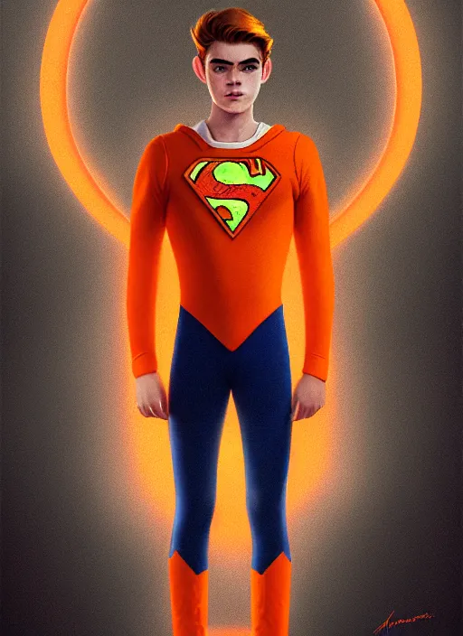 Image similar to kind teenage archie andrews wearing an orange superhero costume, freckles, superhero costume with heart emblem, cape, intricate, elegant, glowing lights, highly detailed, digital painting, artstation, sharp focus, illustration, art by wlop, mars ravelo and greg rutkowski