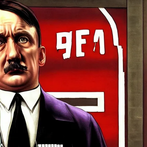 Image similar to adolf hitler in gta v, cover art by stephen bliss, boxart, loadscreen