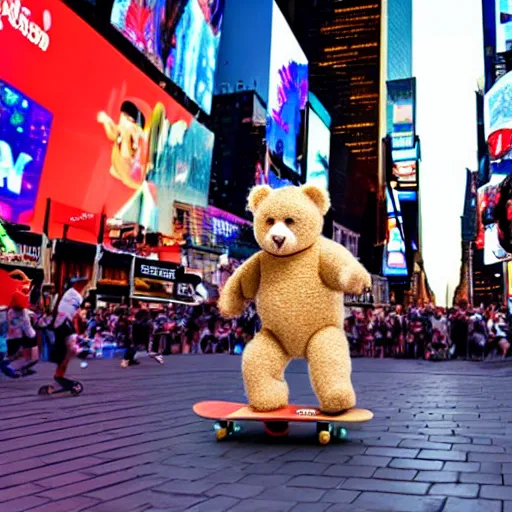 Prompt: a teddy bear riding a skateboard in times square at night