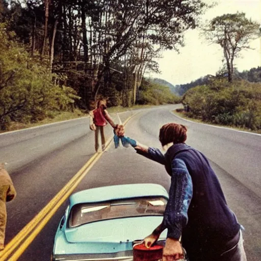 Image similar to a 1970's hippie poster with 2 guys hitchhiking at the edge of the road with a caravan