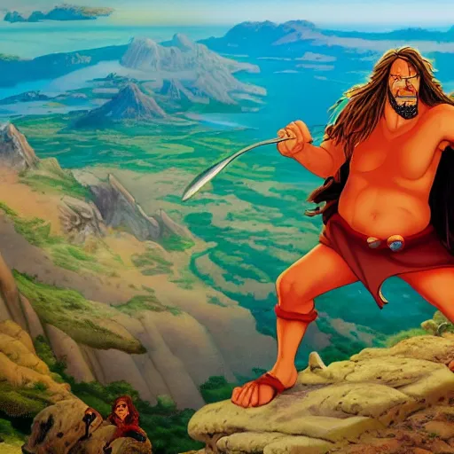 Prompt: groo the wanderer and rufferto in an epic pose on top of a mountain painted by alex ross