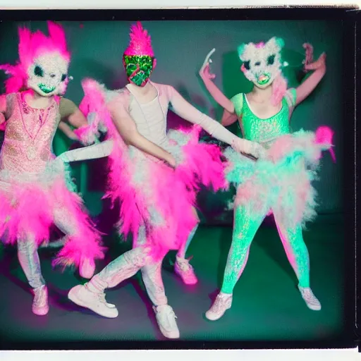 Prompt: polaroid of dancers that are made from cotton candy and foliage, very ornate, wearing MASKS, smudge, mix, DADA collage, texture, lomography, fashion neon light, rim lighting