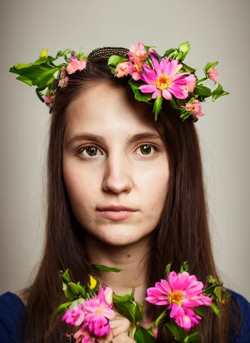 Prompt: portrait of a 2 5 year old woman, symmetrical face, flowers in her hair, she has the beautiful calm face of her mother, slightly smiling, ambient light