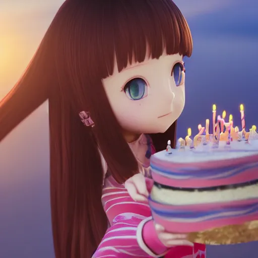 Image similar to Render of a beautiful 3d anime woman holding a birthday cake to show the camera, long light pink hair, full bangs, hazel eyes, cute freckles, full round face, smug smile, Chinese heritage, cute checkerboard sundress, golden hour, serene beach setting, medium shot, mid-shot, hyperdetailed, trending on Artstation, Unreal Engine 4k