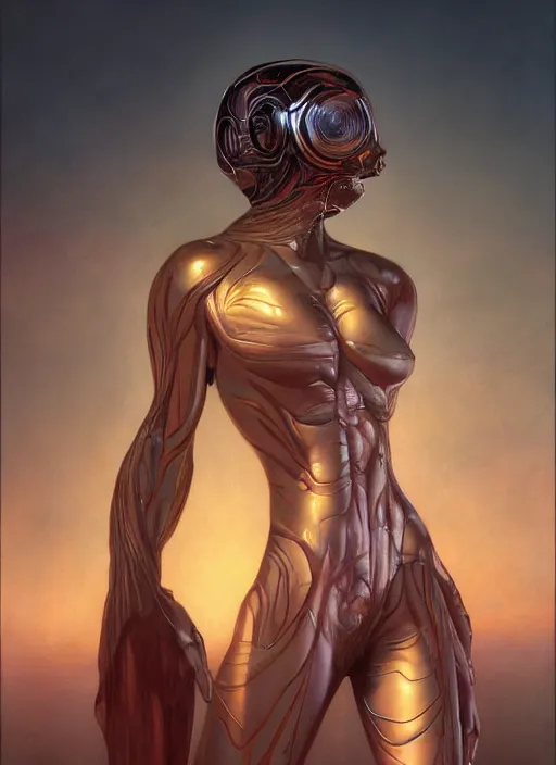 Image similar to biblical beautiful alien female android, bright glowing veins, in clouds, sunset, portrait, studio light, by gerald brom, by peter elson, muted colors, extreme detail, reflections, trending on artstation, 8 k