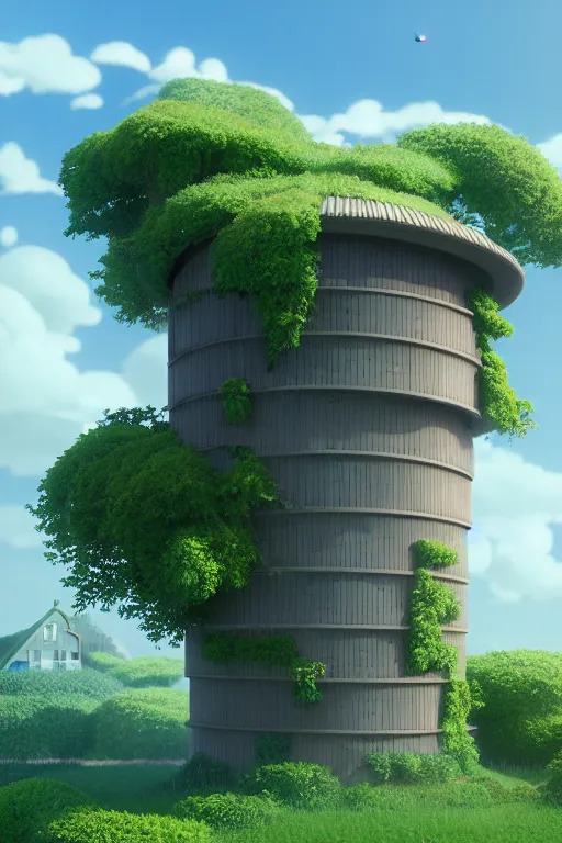 Image similar to cylindrical house, solarpunk, studio ghibli, jean - baptiste monge, octane render, 4 k