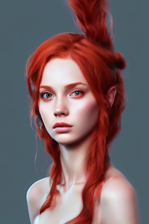 Image similar to ultra realistic style illustration of a cute red haired young woman, 1 9 year old, headshot, sci - fi, fantasy, intricate, elegant, highly detailed, digital painting, artstation, concept art, smooth, sharp focus, illustration, 8 k frostbite 3 engine, ultra detailed