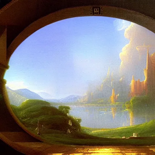 Image similar to futuristic utopian village landscape in the style of thomas cole, landscape painting, romanticism, hudson river school, realism