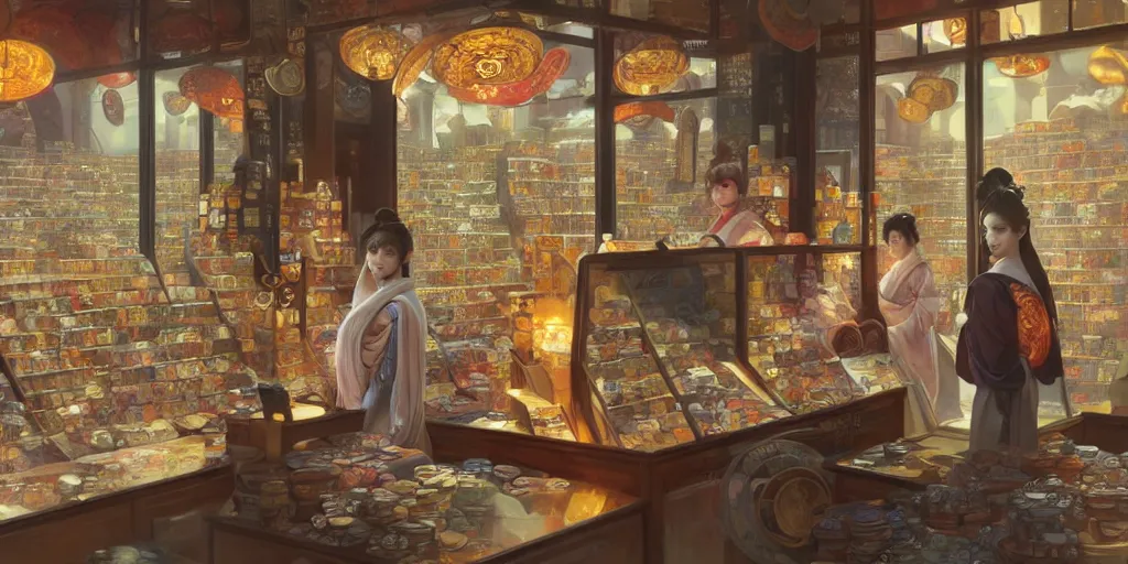 Image similar to modern coin shop with a lot of coins, 4 k, eastern tyle, geishas, octane, digital painting, artstation, concept art, sharp focus, illustration, art by artgerm and greg rutkowski and alphonse mucha