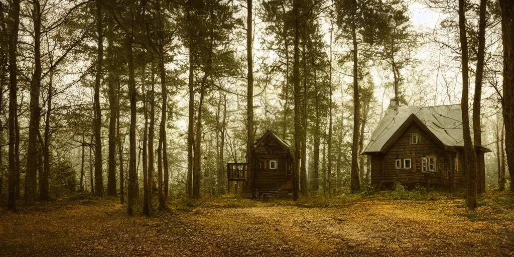 Image similar to a cottage in the woods and empty woods, 80mm lens, 8k, fantasy, hyper realistic, dramatic lighting, cinematic