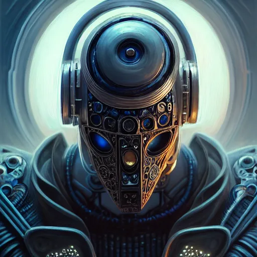 Image similar to low angle shot of a cyberpunk gazmask robot character, intricate, elegant, highly detailed, centered, digital painting, artstation, concept art, smooth, sharp focus, illustration, artgerm, tomasz alen kopera, peter mohrbacher, donato giancola, joseph christian leyendecker, wlop, boris vallejo