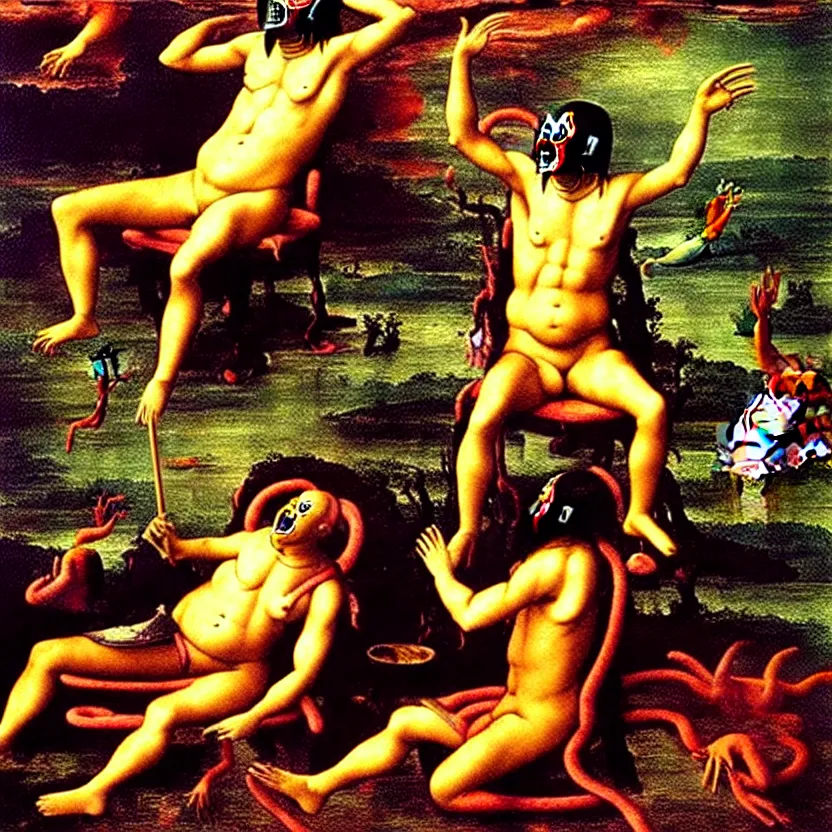 Prompt: a sacred painting of a beautiful flesh - eating timikawa with rainbow fur eating a screaming man, sitting on chair made of human limbs, the chair is floating in a lake of blood, surrounding the lake are melting trees, nightmare scene, supernatural, highly detailed, creepy, terrifying, famous painting by raphael and salvador dali