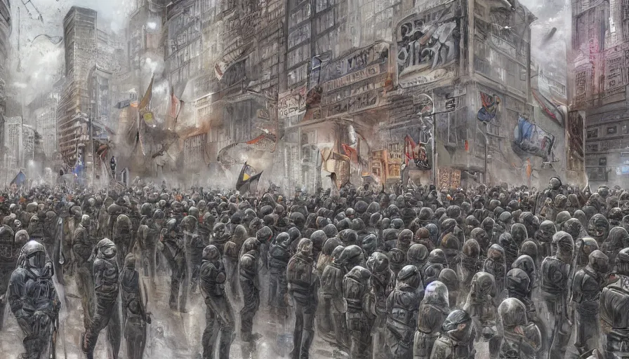 Prompt: few police lined up, standing against the crowd of protesters with blank posters, сlear sky, concept art, intricate details, highly professionally detailed,, highly detailed -