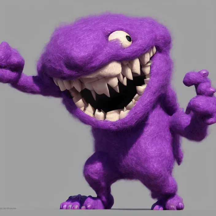 Image similar to a 3D render of a cute purple monster made out of wool, digital art, highly detailed, warm lighting, unreal engine 5, octane render, artgern, trending on artstation, Pixar, by John Coltrane and Marc Simonetti, Manic, inspired by Greg rutkowski