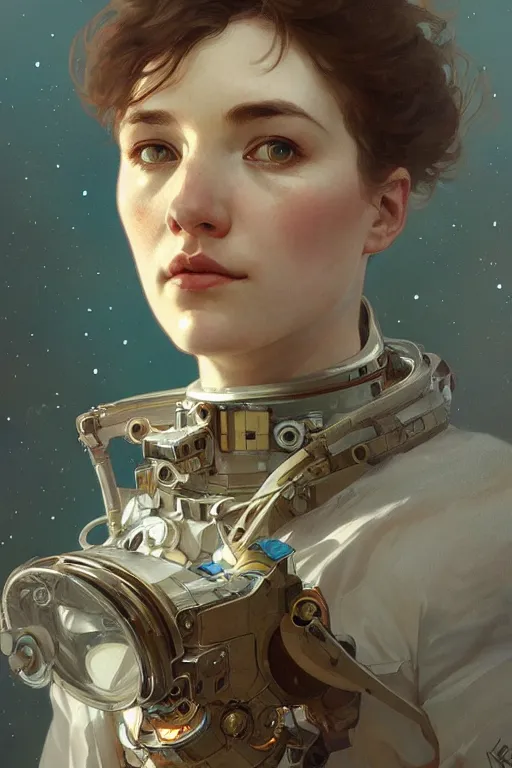 Image similar to A full portrait of a cosmonaut, intricate, elegant, highly detailed, digital painting, artstation, concept art, smooth, sharp focus, illustration, art by Krenz Cushart and Artem Demura and alphonse mucha