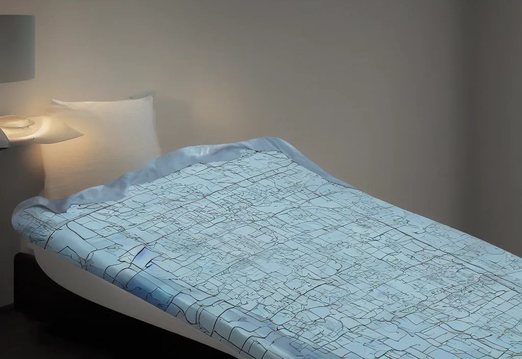 Prompt: curved translucent bedsheets projecting detailed florida weathermap, pixel perfect photograph, high contrast, volumetric lighting, thin glowing lights, bedroom, visor, users, pair of keycards on table