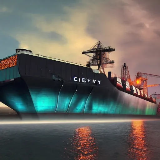 Image similar to photo of Immense industrial futuristic cargo ship arrives at cyber punk city sea port, cinematic lighting, photo