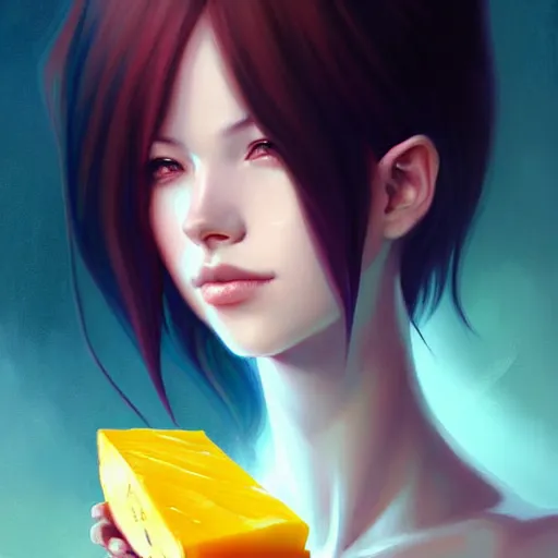 Image similar to beautiful painting of gouda cheese by charlie bowater, ross tran, artgerm, and makoto shinkai