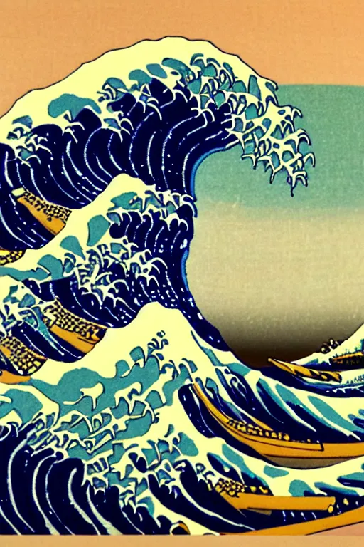 Prompt: The Great Wave off Kanagawa, sunset in the background