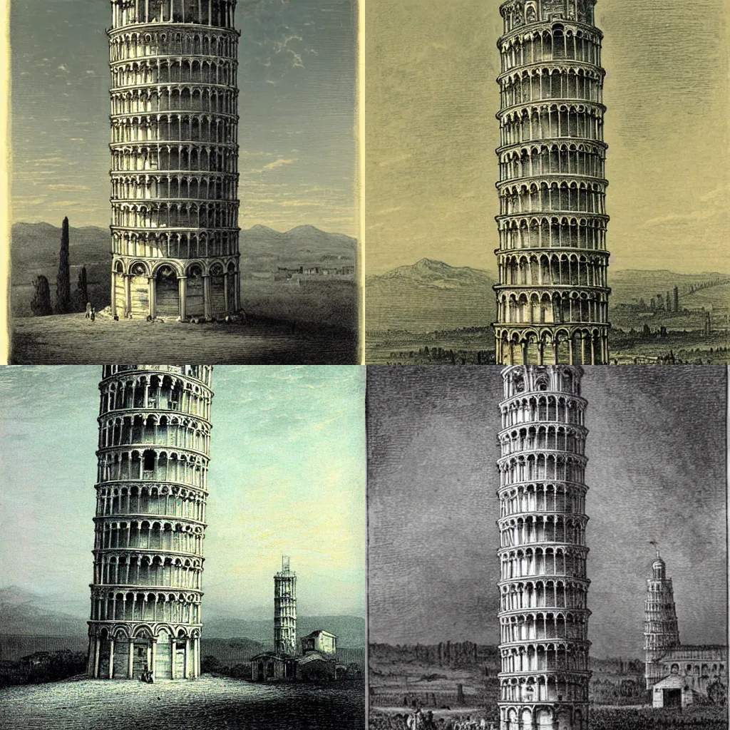 Prompt: Leaning tower of pisa, gustave dore