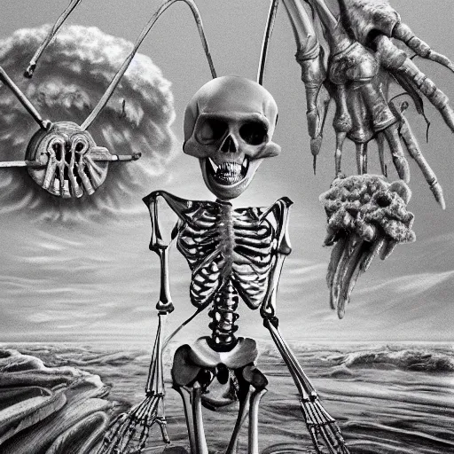 Prompt: highly detailed anatomically accurate skeleton on the beach with nuclear explosion in the background, trending on Artstation