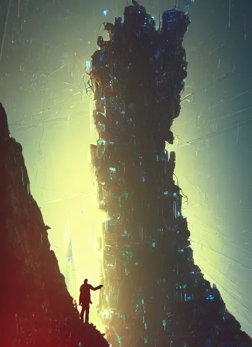 Image similar to comic book art of a [ man ] in trenchcoat with ( glowing ) [ gloves ] and [ boots ] in a [ jungle ] looking up at a [ tower ] extending into the sky made of crystalized glowing rock,, low angle, artstation illustration, elegant, cyberpunk, volumetric fog, arcane by tim doyle