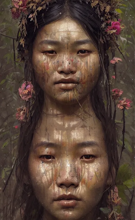 Image similar to detailed portrait of a tribal woman with asian eyes and thick lip forest girl, flowers and trees, by ismail inceoglu dragan bibin hans thoma greg rutkowski alexandros pyromallis nekro rene maritte illustrated, perfect face, fine details, realistic shaded, fine - face, pretty face