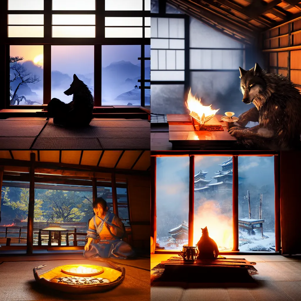 Prompt: Wolf from Sekiro drinking sake, sitting under a kotatsu in an edo period hut, irori fireplace, godrays, warm lighting, moonlight through the window, 4k, DSLR photo