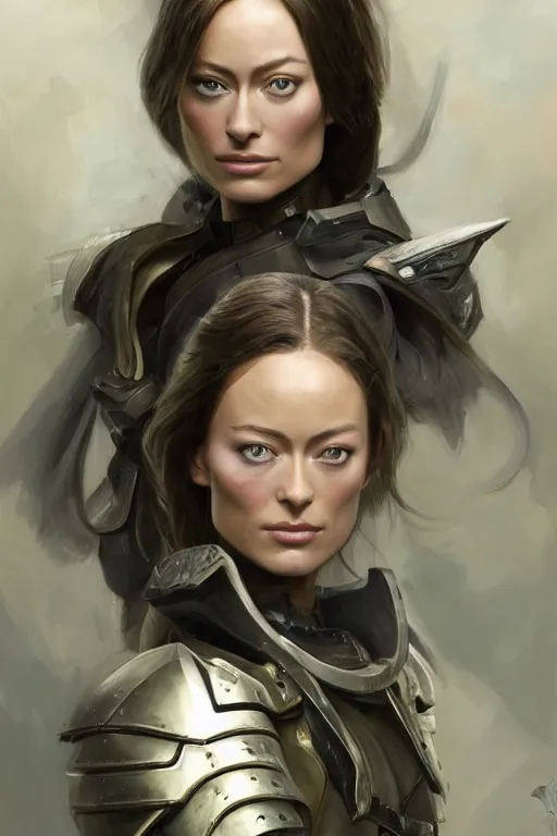 Image similar to a professional painting of a young Olivia Wilde, clothes in military armor, olive skin, long dark hair, beautiful bone structure, symmetrical facial features, intricate, elegant, digital painting, concept art, smooth, sharp focus, illustration, from StarCraft by Ruan Jia and Mandy Jurgens and Artgerm and William-Adolphe Bouguerea