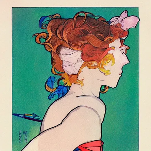 Prompt: the sailor jupiter. beautiful, realistic painting by mucha and malevich and kuvshinov and bilibin. synthwave watercolor, thick linings, manga, soviet realism