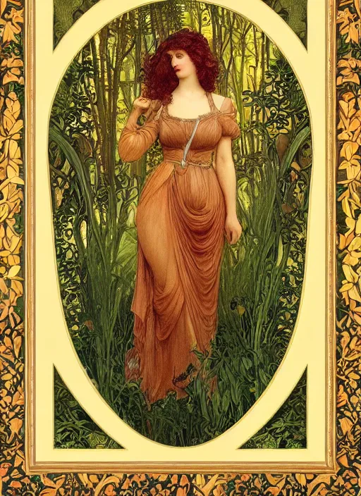 Prompt: masterpiece beautiful seductive flowing curves pose preraphaelite portrait photography, straight bangs, thick set, yellow ochre ornate medieval dress, mushroom forest arch, amongst foliage, william morris and kilian eng and mucha, framed, 4 k