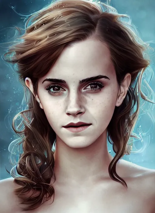 Image similar to a highly detailed illustration of emma watson washing hair, dramatic smiling pose, perfect face, intricate, elegant, highly detailed, centered, digital painting, artstation, concept art, smooth, sharp focus, league of legends concept art, wlop