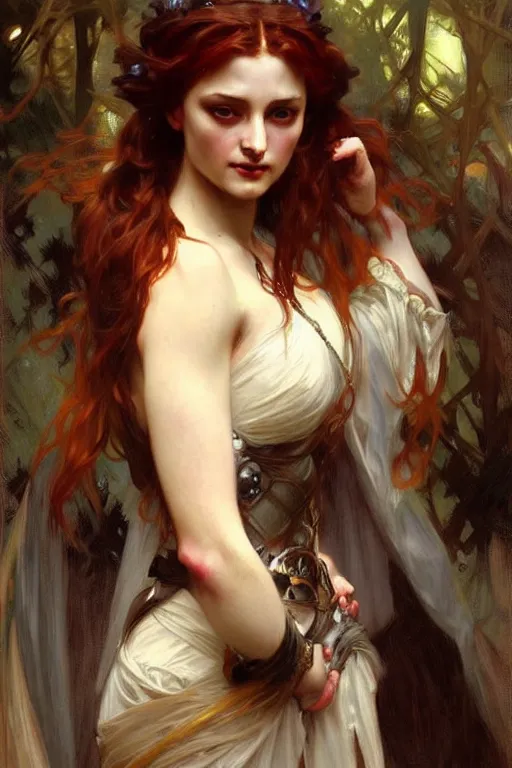 Prompt: dark sansa, painting by daniel gerhartz, alphonse mucha, bouguereau, detailed art, artstation