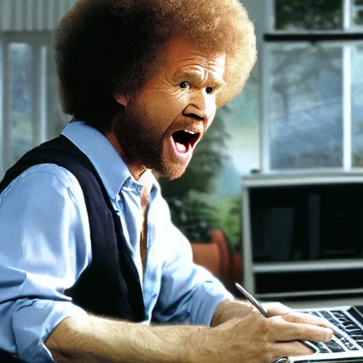 Image similar to angry bob ross screaming at his laptop