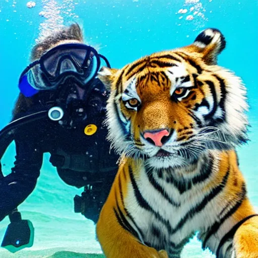 Image similar to a guy taking a selfie with tiger underwater