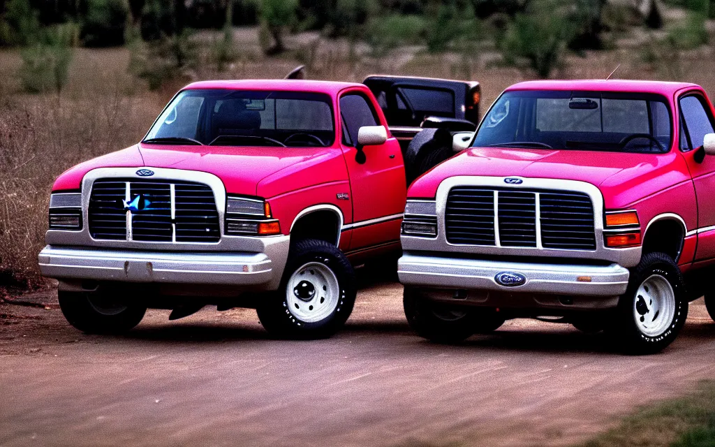 Image similar to 1 9 9 0 s dodge ram truck driving over and crushing ford trucks photo 4 k