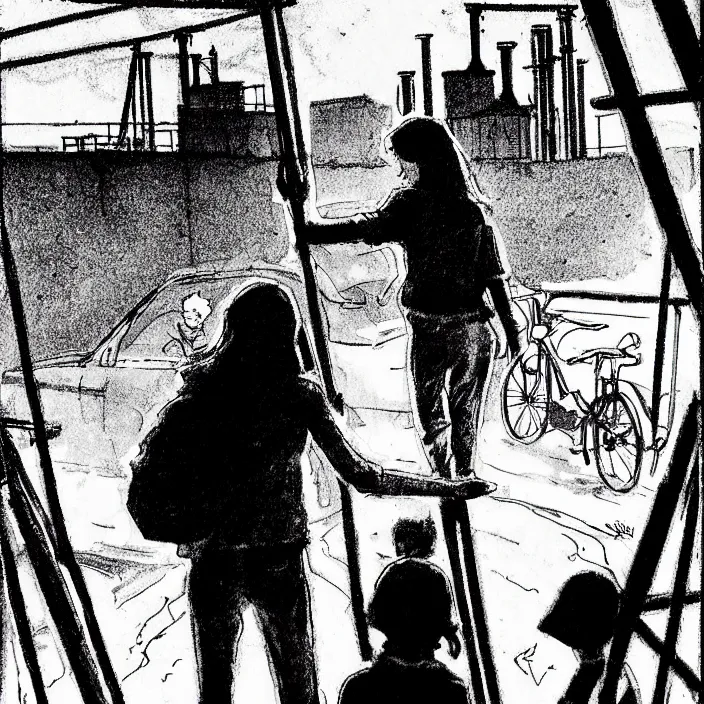 Image similar to sadie sink in dirty work clothes waves goodbye to workmen. background : factory, dirty, polluted. technique : black and white pencil and ink. by gabriel hardman, joe alves, chris bonura. cinematic atmosphere, detailed and intricate, perfect anatomy