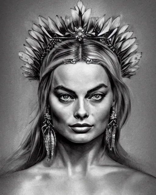 Image similar to realism tattoo sketch of margot robbie as a beautiful greek goddess aphrodite with piercing eyes wearing a laurel wreath and triangle earrings, in the style of greg rutkowski, amazing detail