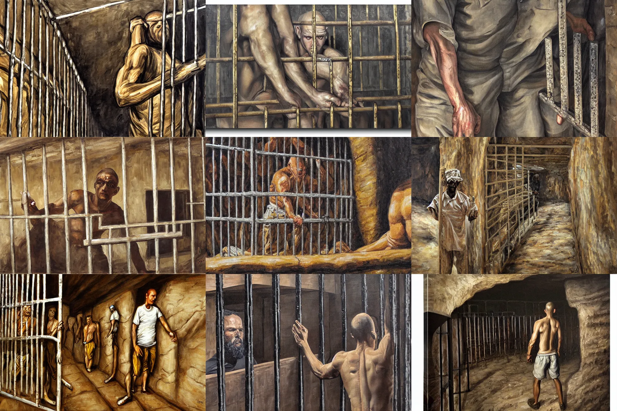 Prompt: ultra wide full length painting of a prisoner holding prison bars, cave prison, highly detailed, high resolution, oil in canvas