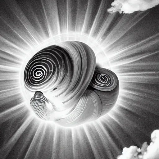 Image similar to a gian snail overlord being shinned by god rays covering the center surrounded by giant clouds surrounding the snail