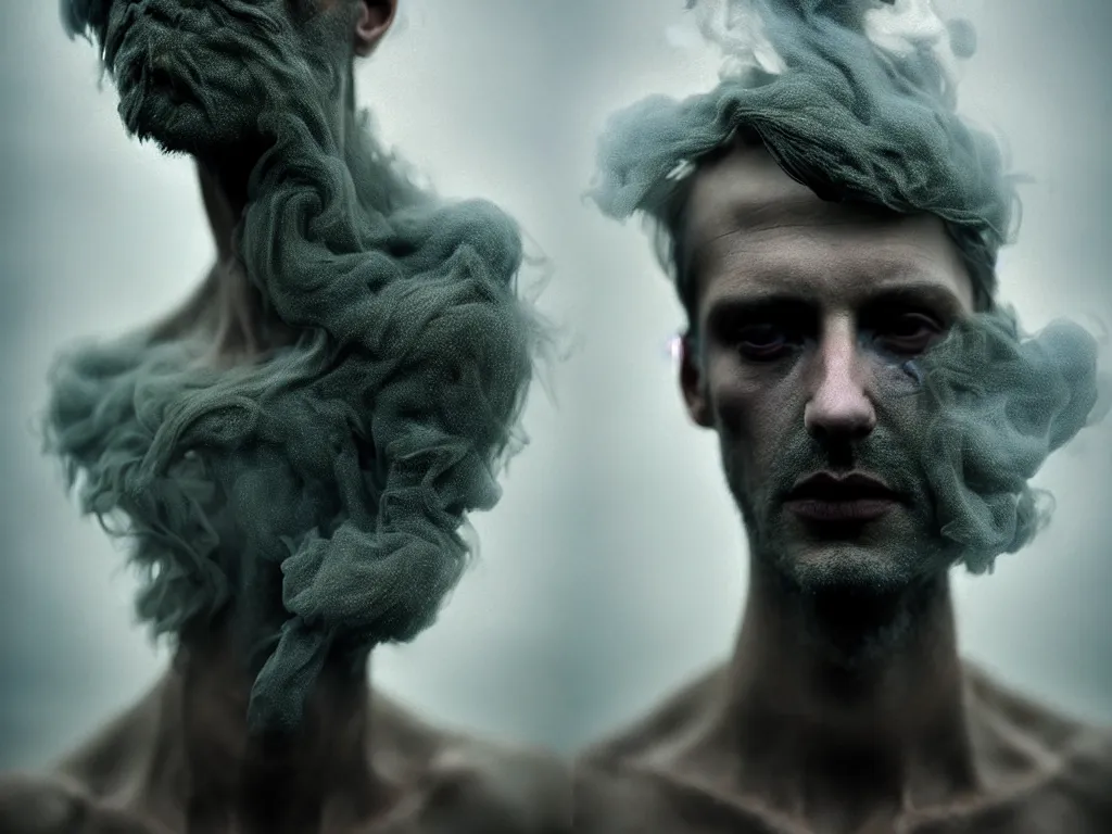 Prompt: cinestill 5 0 d portrait by paolo roversi of a dystopian beautiful model man hybrid smoke statue in a scenic dystopian environment, smoke hair floating in air, dreamy intricate, elegant, highly detailed, digital art, artstation, concept art, smooth, sharp focus, tomasz alen kopera, peter mohrbacher, donato giancola, tonal colors