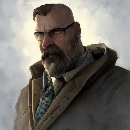 Image similar to portrait of aleksandr gelyevich dugin inteam fortress 2 style, epic, tragic, military art, fantasy, dieselpunk, hd shot, digital portrait, beautiful, artstation, comic style, by artgerm, guy denning, jakub rozalski, magali villeneuve and charlie bowater