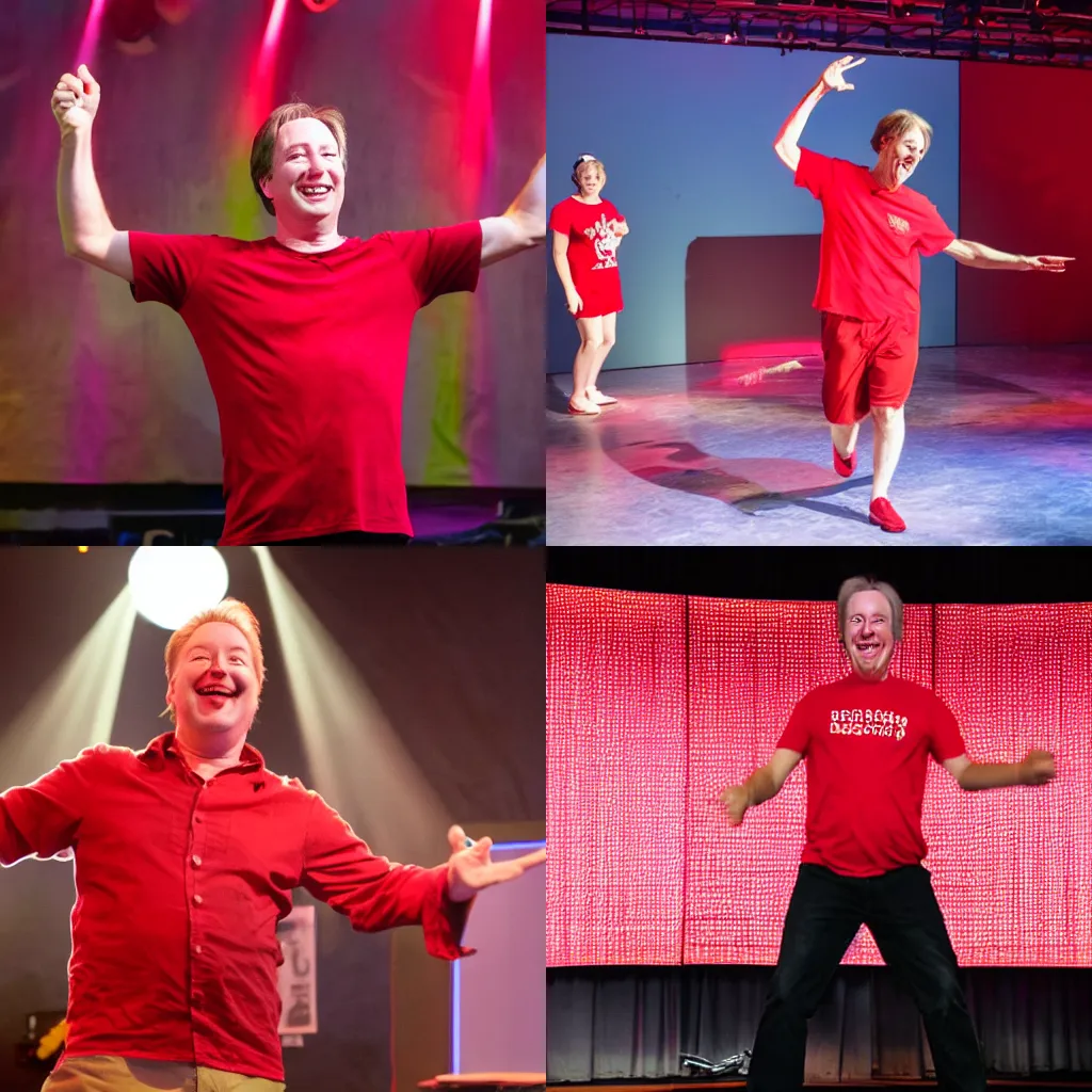 Prompt: tom scott in a red shirt dancing on stage, big smile, stage lights, high fidelity
