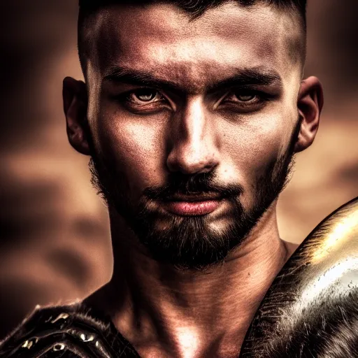 Image similar to portrait of a male warrior with half face,fantasy, D&D, HDR, natural light, dynamic pose, award winning photograph, 8k, Mucha style,