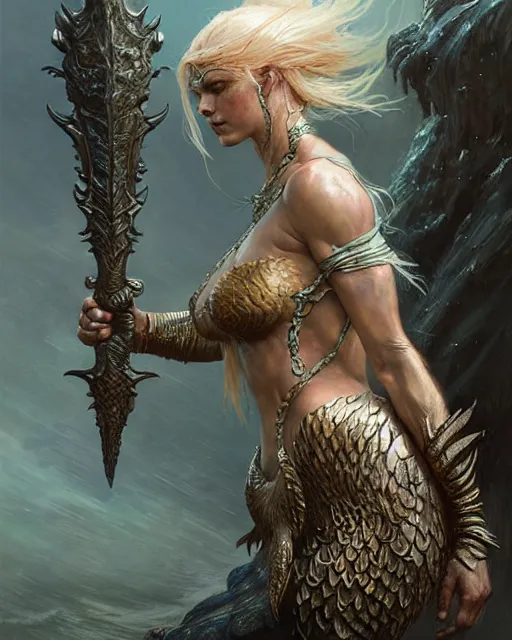 Image similar to a fierce mermaid warrior, fantasy character portrait, ultra realistic, concept art, intricate details, highly detailed by greg rutkowski, gaston bussiere, craig mullins, simon bisley