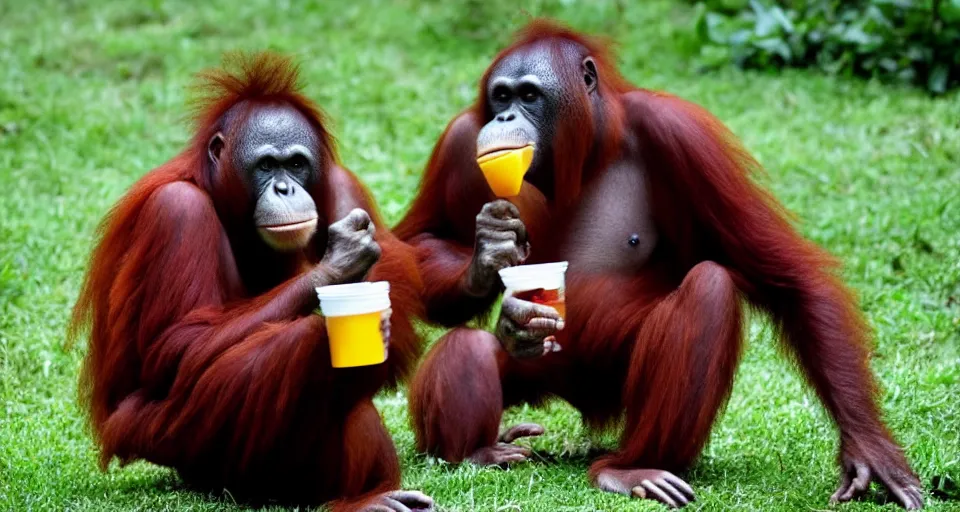 Image similar to a orangutan eating a big mac, holding a drink in its hand