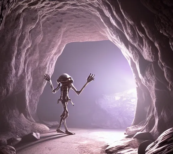 Prompt: humanoid alien walking trough a beautiful cave, xyz(020) H 576