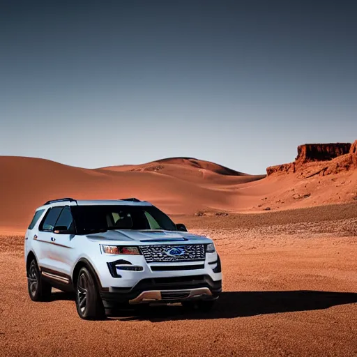 Image similar to 2018 Ford Explorer, car photography, desert, throwing sand