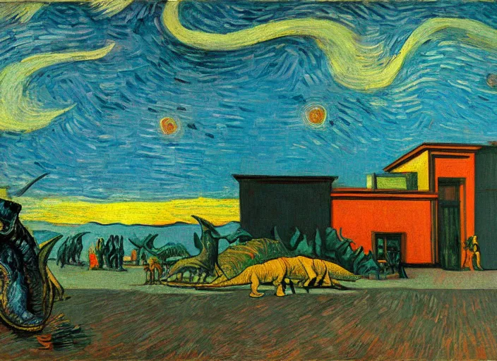 Image similar to painting of the extinction of the dinosaurs with asteroid and fire, in the style of edward hopper and vincent van gogh, dramatic lighting at dusk