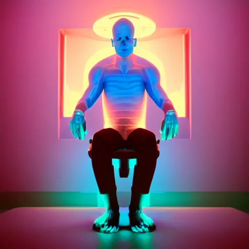 Prompt: Dr.Manhattan in Ukrainian village house, siting on a toilet, photorealism, by Beeple